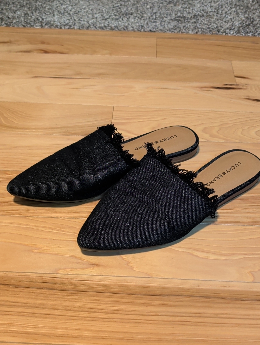 Lucky Brand Black Pointed Fringe Slip-On Mules